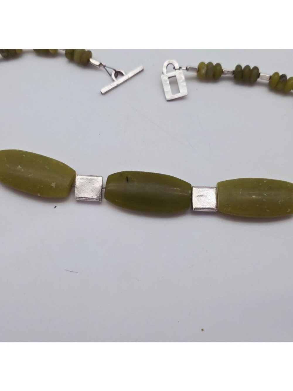 Jade Beaded Necklace Large Oblong Beads & Sterling Accents Toggle Clasp Unique - Picture 6 of 6